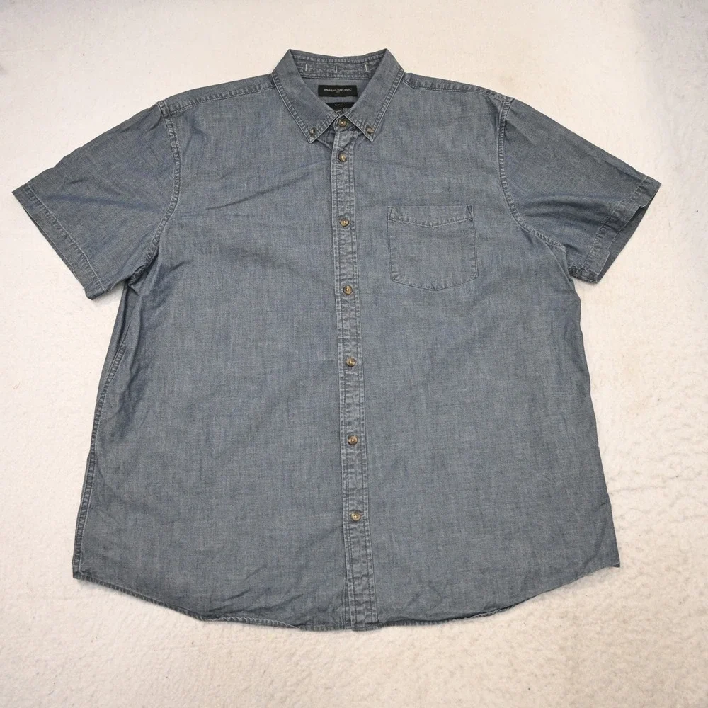 Banana Republic Button Up Mens‎ XXL Slim Fit Blue Chambray Short Sleeve Shirt